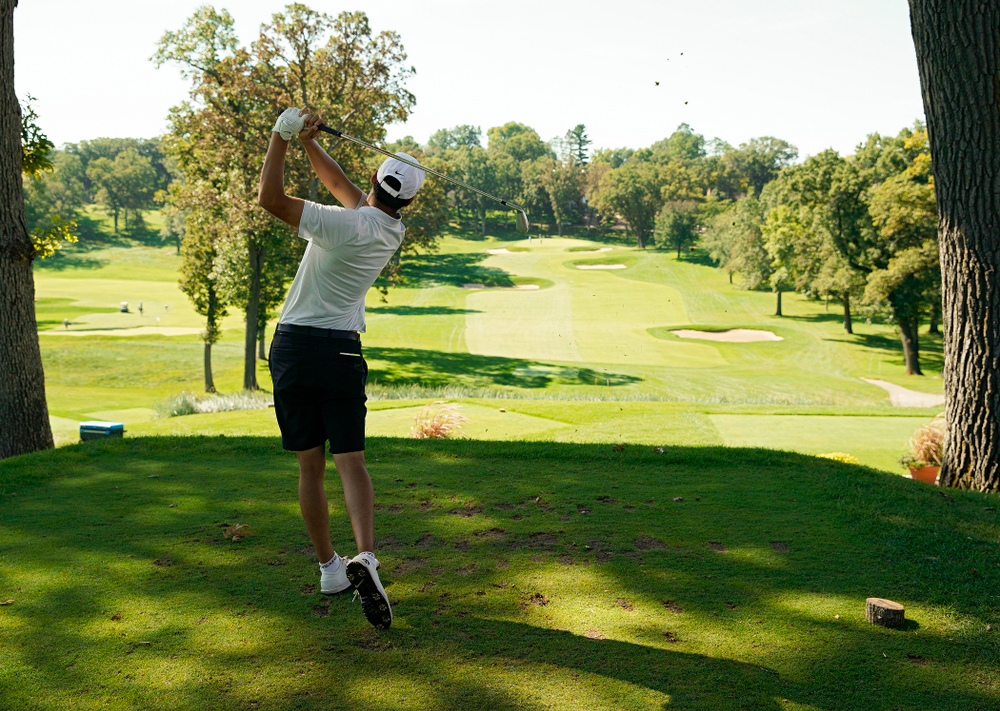 Iowa’s Joe Kim tees off during the second day of the Golfweek Conference Challenge at the Cedar Rapids Country Club in Cedar Rapids on Monday, Sep 16, 2019. (Stephen Mally/hawkeyesports.com)