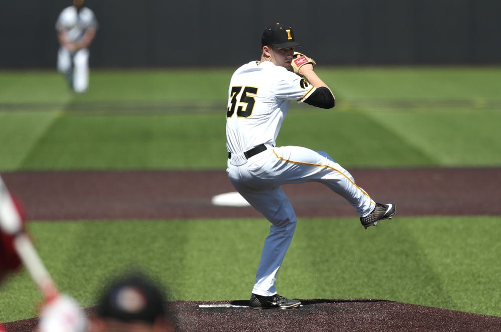 Iowa Hawkeyes Cam Baumann (35) against the Nebraska Cornhuskers Saturday, April 20, 2019 at Duane Banks Field. (Brian Ray/hawkeyesports.com)