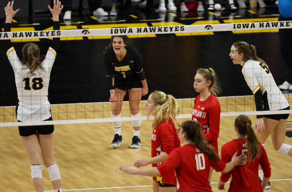 Iowa Hawkeyes defensive specialist Molly Kelly (1) celebrates after winning a point during a match against Maryland at Carver-Hawkeye Arena on November 23, 2018. (Tork Mason/hawkeyesports.com)