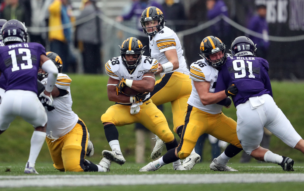 Iowa Hawkeyes running back Toren Young (28) against the Northwestern Wildcats Saturday, October 26, 2019 at Ryan Field in Evanston, Ill. (Brian Ray/hawkeyesports.com)