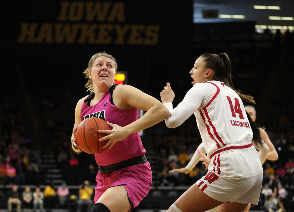 Iowa Hawkeyes forward/center Monika Czinano (25) against the Wisconsin Badgers Sunday, February 16, 2020 at Carver-Hawkeye Arena. (Brian Ray/hawkeyesports.com)