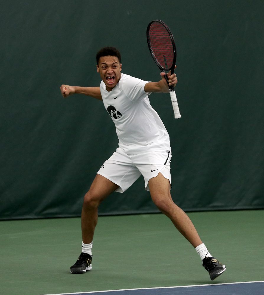 Iowa’s Will Davies and Oliver Okonkwo play a doubles match against Cornell Sunday, March 8, 2020 at the Hawkeye Tennis and Recreation Center. (Brian Ray/hawkeyesports.com)
