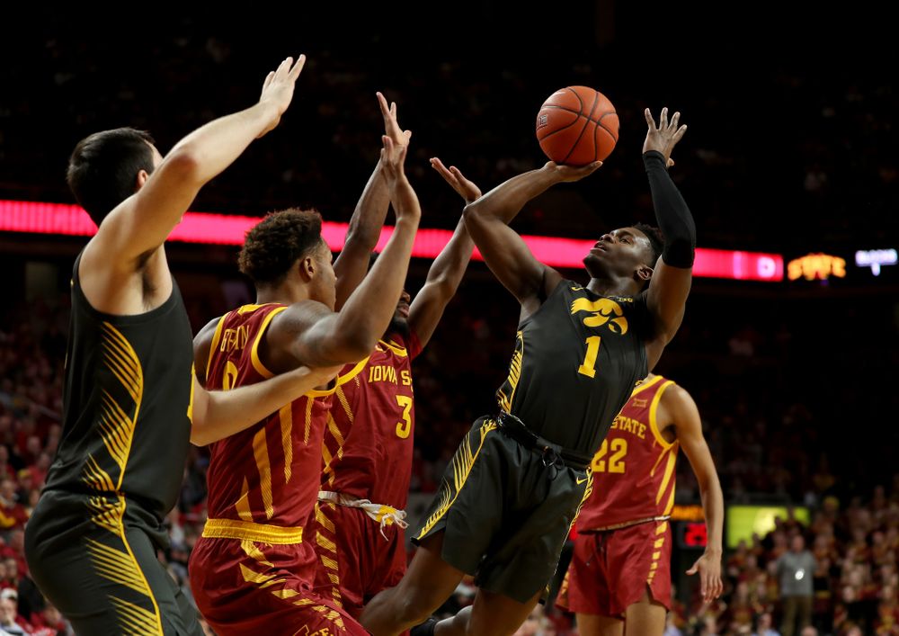 Iowa Hawkeyes guard Joe Toussaint (1) against the Iowa State Cyclones Thursday, December 12, 2019 at Hilton Coliseum in Ames, Iowa(Brian Ray/hawkeyesports.com)
