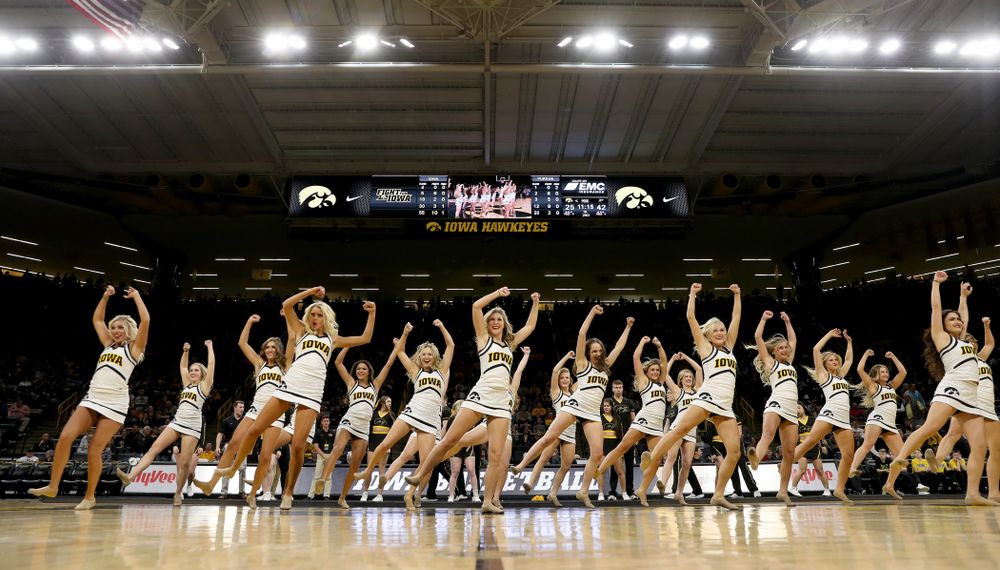 The Iowa Cheerleaders and Dance Team perform on senior night at half-time of the Iowa Hawkeyes game against the Purdue Boilermakers Tuesday, March 3, 2020 at Carver-Hawkeye Arena. (Brian Ray/hawkeyesports.com)
