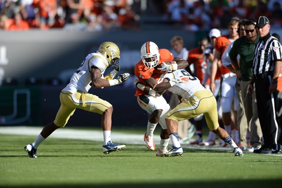 University of Miami Hurricanes wide receiver Phillip Dorsett #4 plays in a game against the Georgia Tech Yellow Jackets at Sun Life Stadium on October...