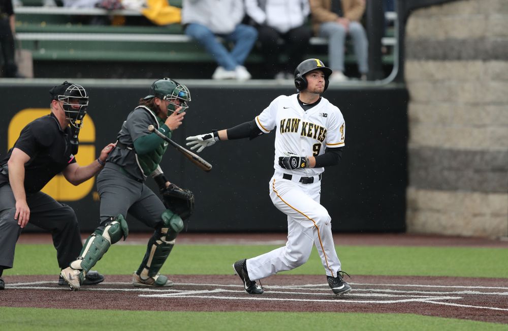 Iowa Hawkeyes outfielder Ben Norman (9) against Michigan State Sunday, May 12, 2019 at Duane Banks Field. (Brian Ray/hawkeyesports.com)