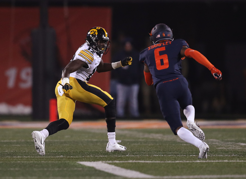 Iowa Hawkeyes defensive back D.J. Johnson (12) against the Illinois Fighting Illini Saturday, November 17, 2018 at Memorial Stadium in Champaign, Ill. (Brian Ray/hawkeyesports.com)