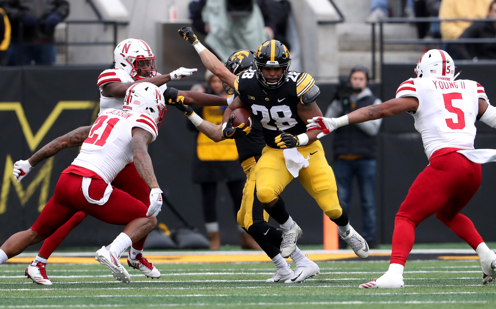 Iowa Hawkeyes running back Toren Young (28) against the Nebraska Cornhuskers Friday, November 23, 2018 at Kinnick Stadium. (Brian Ray/hawkeyesports.com)