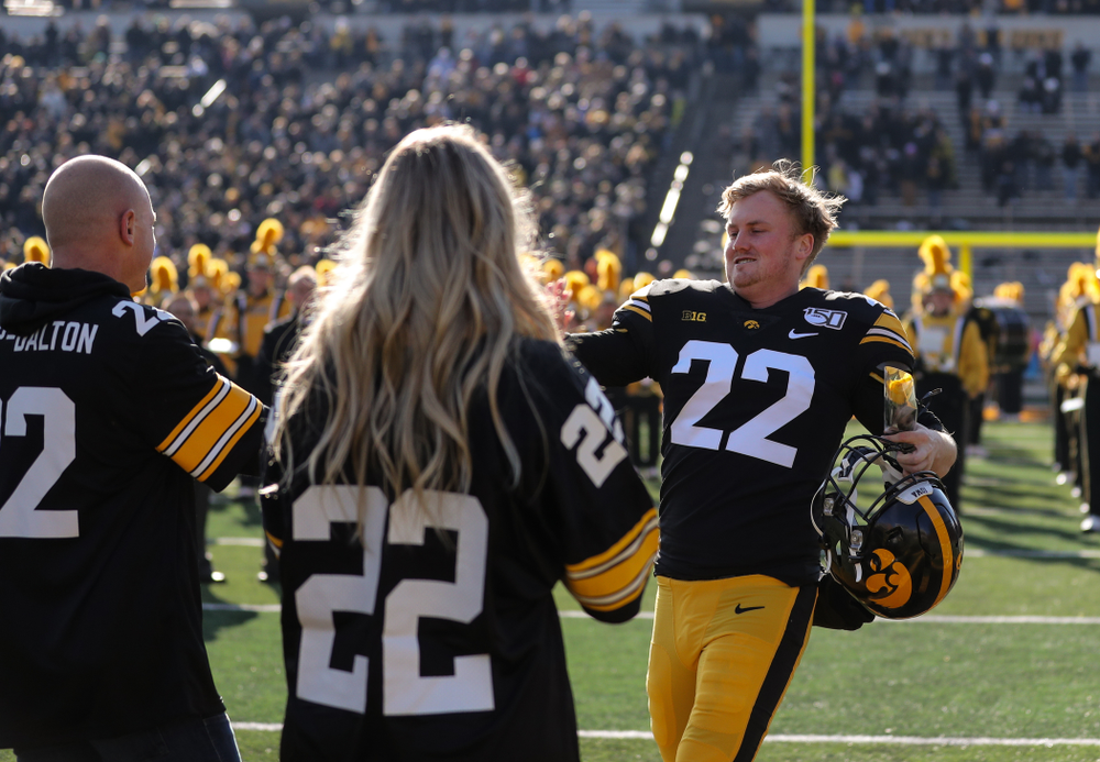 Iowa Hawkeyes punter Michael Sleep-Dalton (22) during Senior Day festivities before their game against the Illinois Fighting Illini Saturday, November 23, 2019 at Kinnick Stadium. (Brian Ray/hawkeyesports.com)