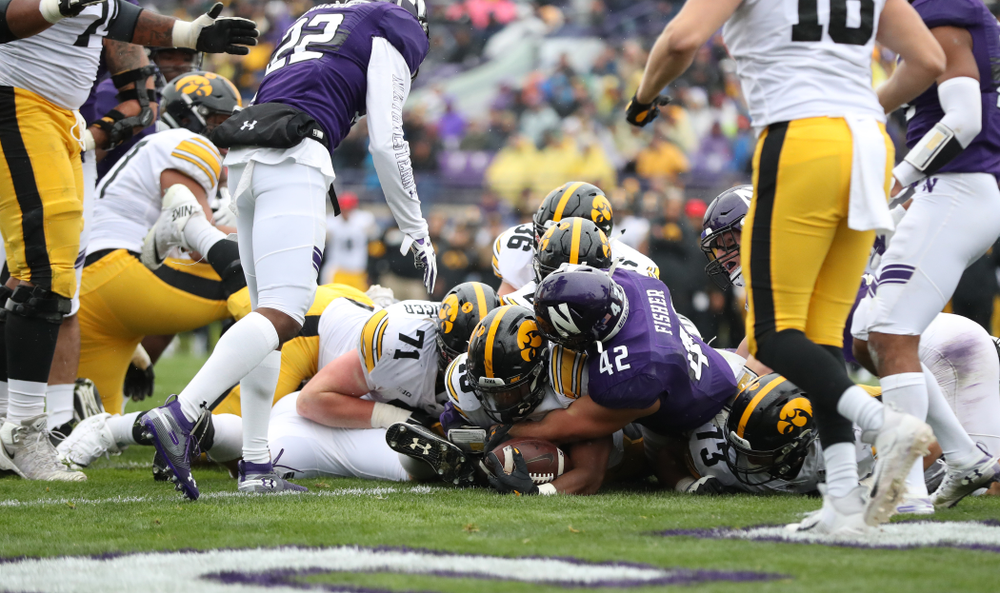Iowa Hawkeyes running back Mekhi Sargent (10) scores against the Northwestern Wildcats Saturday, September 28, 2019 at Kinnick Stadium. (Max Allen/hawkeyesports.com)