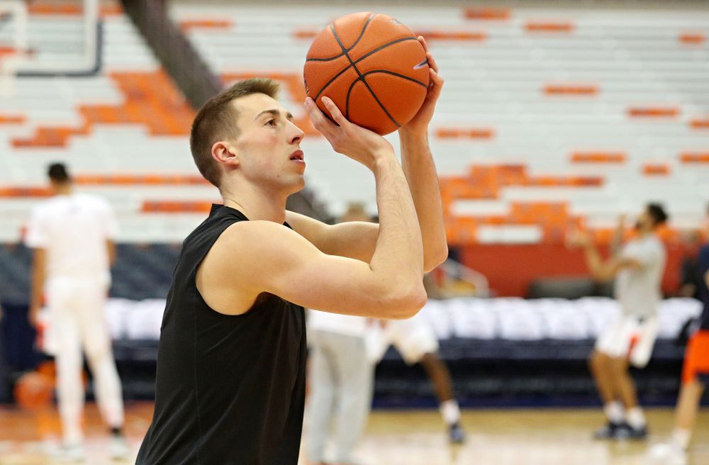 Iowa Hawkeyes guard Joe Wieskamp (10) warms up on the court before their ACC/Big Ten Challenge game at the Carrier Dome in Syracuse, N.Y. on Tuesday, Dec 3, 2019. (Stephen Mally/hawkeyesports.com)