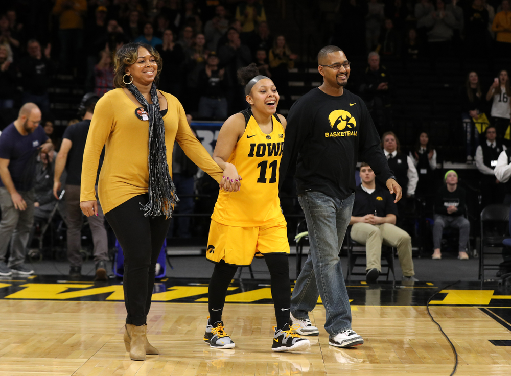 Iowa Hawkeyes guard Tania Davis (11) during senior day ceremonies following their game against the Northwestern Wildcats Sunday, March 3, 2019 at Carver-Hawkeye Arena. (Brian Ray/hawkeyesports.com)