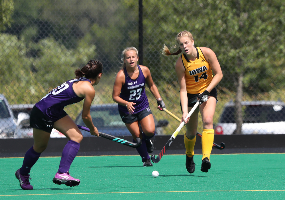 Iowa Hawkeyes Lokke Stribos (14) during an exhibition game against Northwestern Saturday, August 24, 2019 at Grant Field. (Brian Ray/hawkeyesports.com)