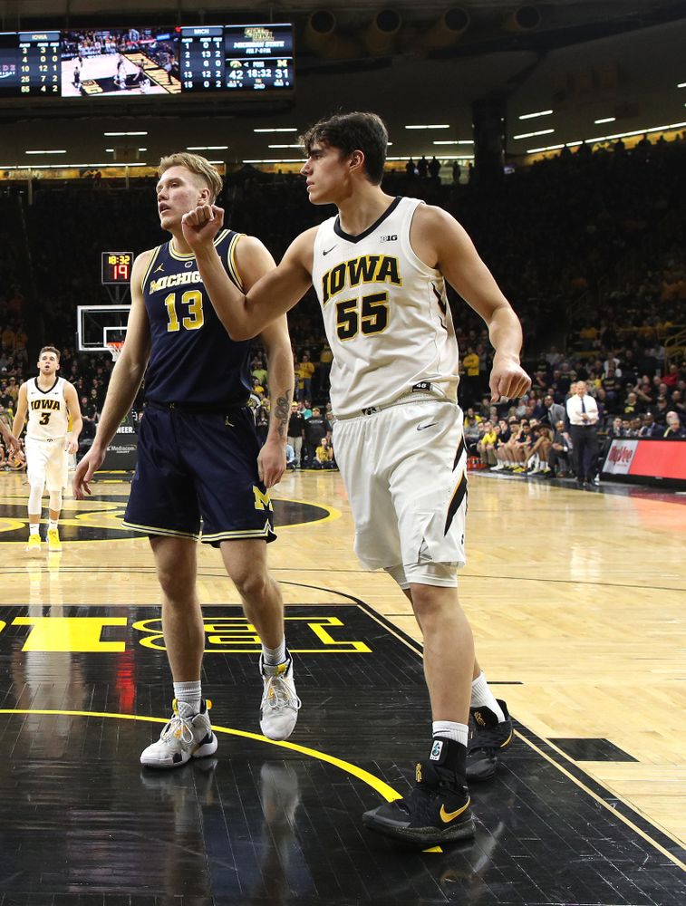 Iowa Hawkeyes forward Luka Garza (55) against the Michigan Wolverines Friday, February 1, 2019 at Carver-Hawkeye Arena. (Brian Ray/hawkeyesports.com)