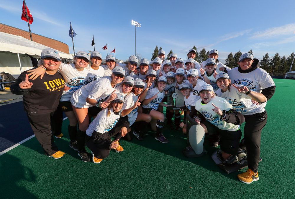 The Iowa Hawkeyes celebrate their 1-0 overtime victory over Penn State to win the 2019 Big Ten Field Hockey Tournament Sunday, November 10, 2019 at Penn State (Brian Ray/hawkeyesports.com)