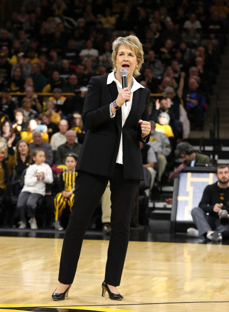 Iowa Hawkeyes head coach Lisa Bluder during senior day ceremonies following their game against the Northwestern Wildcats Sunday, March 3, 2019 at Carver-Hawkeye Arena. (Brian Ray/hawkeyesports.com)