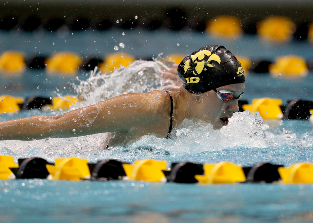 IowaÕs Christina Kaufman competes in the 200 yard butterfly against Notre Dame and Illinois Saturday, January 11, 2020 at the Campus Recreation and Wellness Center. (Brian Ray/hawkeyesports.com)