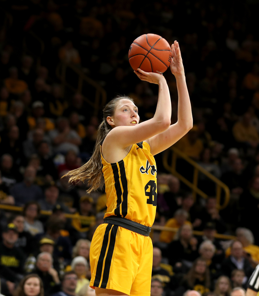 Iowa Hawkeyes forward Amanda Ollinger (43) against the Minnesota Golden Gophers Thursday, February 27, 2020 at Carver-Hawkeye Arena. (Brian Ray/hawkeyesports.com)
