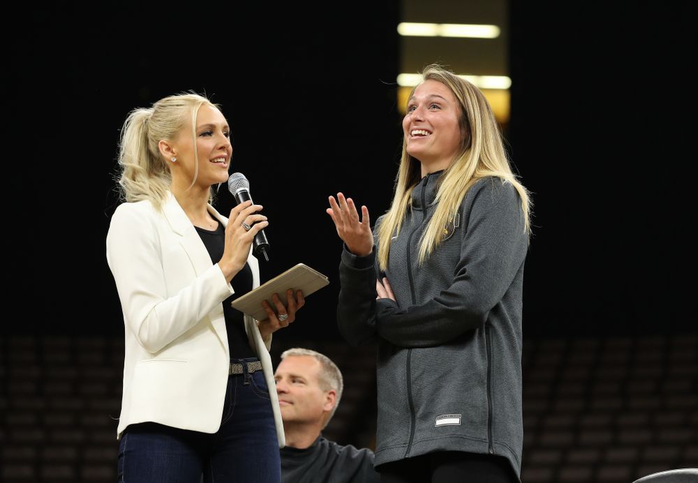 Laura Vandenberg interviews Iowa Hawkeyes guard Makenzie Meyer (3) during the teamÕs Celebr-Eight event Wednesday, April 24, 2019 at Carver-Hawkeye Arena. (Brian Ray/hawkeyesports.com)