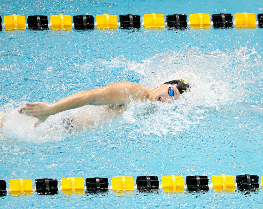 Iowa’s Joe Myhre swims the men’s 100-yard freestyle event during their meet against Michigan State and Northern Iowa at the Campus Recreation and Wellness Center in Iowa City on Friday, Oct 4, 2019. (Stephen Mally/hawkeyesports.com)