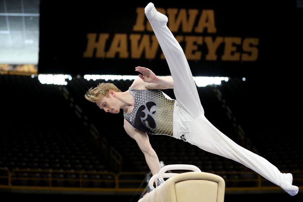 Iowa’s Nick Merryman competes on the pommel horse against Illinois Sunday, March 1, 2020 at Carver-Hawkeye Arena. (Brian Ray/hawkeyesports.com)