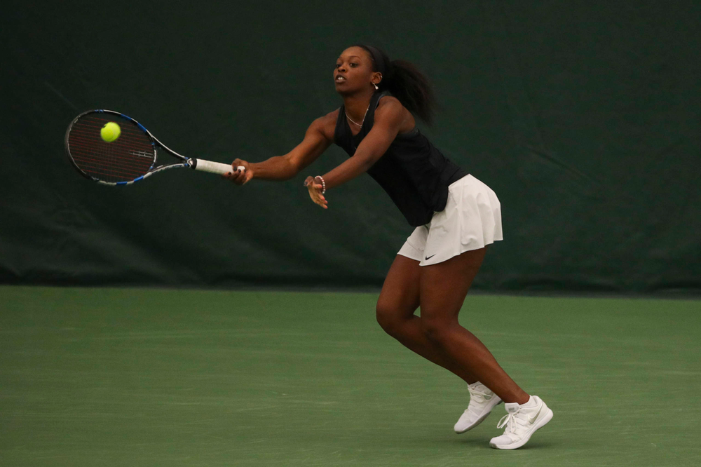 IowaÕs Adorabol Huckleby at womenÕs tennis senior day vs Nebraska on Saturday, April 13, 2019 at the Hawkeye Tennis and Recreation Complex. (Lily Smith/hawkeyesports.com)