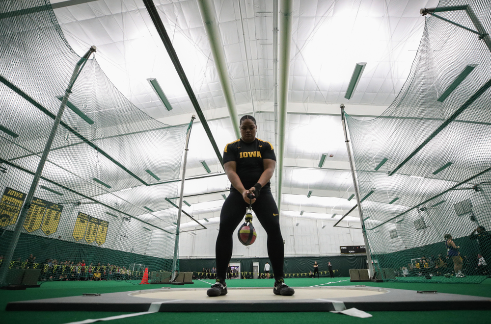 Iowa's Laulauga Tausaga sets a school record in the weight throw Friday, January 11, 2019 at the Hawkeye Tennis and Recreation Center. Tausaga set the new mark with a throw of 20.67m, 67-9 3/4. (Brian Ray/hawkeyesports.com)