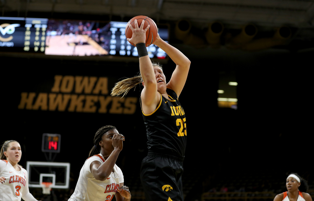 Iowa Hawkeyes forward/center Monika Czinano (25) against Clemson Wednesday, December 4, 2019 at Carver-Hawkeye Arena. (Brian Ray/hawkeyesports.com)