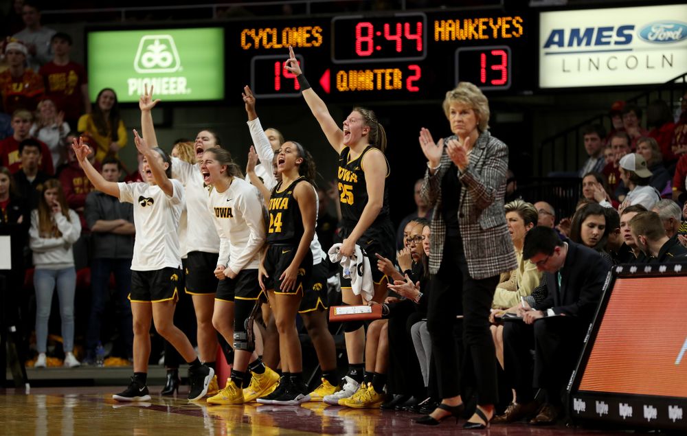 Iowa Hawkeyes forward/center Monika Czinano (25), guard Gabbie Marshall (24), and guard Kate Martin (20) against the Iowa State Cyclones Wednesday, December 11, 2019 at Hilton Coliseum in Ames, Iowa(Brian Ray/hawkeyesports.com)