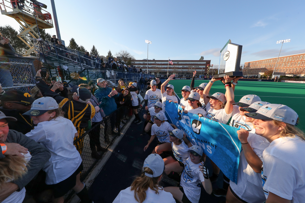 The Iowa Hawkeyes celebrate their victory over Penn State in the 2019 Big Ten Field Hockey Tournament Championship Game Sunday, November 10, 2019 in State College. (Brian Ray/hawkeyesports.com)