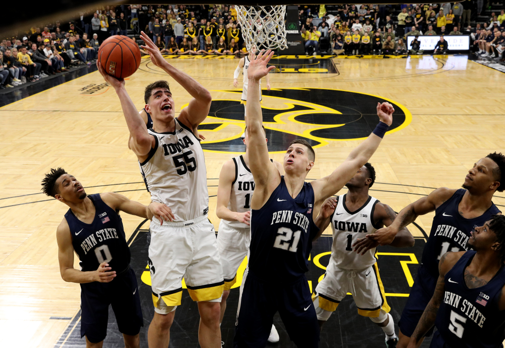 Iowa Hawkeyes forward Luka Garza (55) puts up a shot against Penn State Saturday, February 29, 2020 at Carver-Hawkeye Arena. (Brian Ray/hawkeyesports.com)