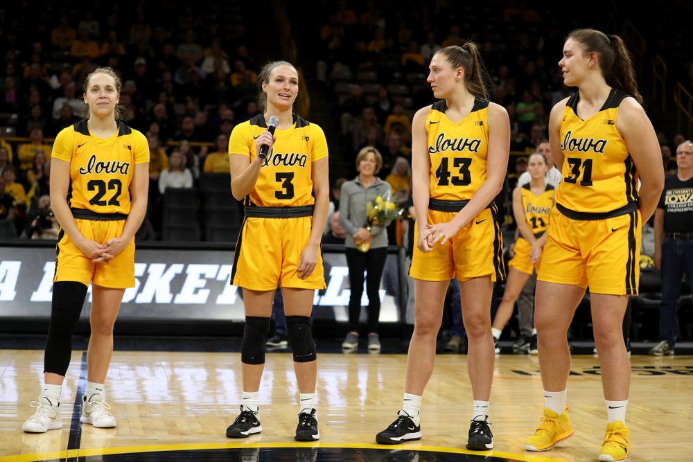 Iowa Hawkeyes guard Makenzie Meyer (3) during senior day activities following their win over the Minnesota Golden Gophers Thursday, February 27, 2020 at Carver-Hawkeye Arena. (Brian Ray/hawkeyesports.com)