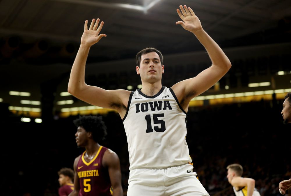 Iowa Hawkeyes forward Ryan Kriener (15) against the Minnesota Golden Gophers Monday, December 9, 2019 at Carver-Hawkeye Arena. (Brian Ray/hawkeyesports.com)