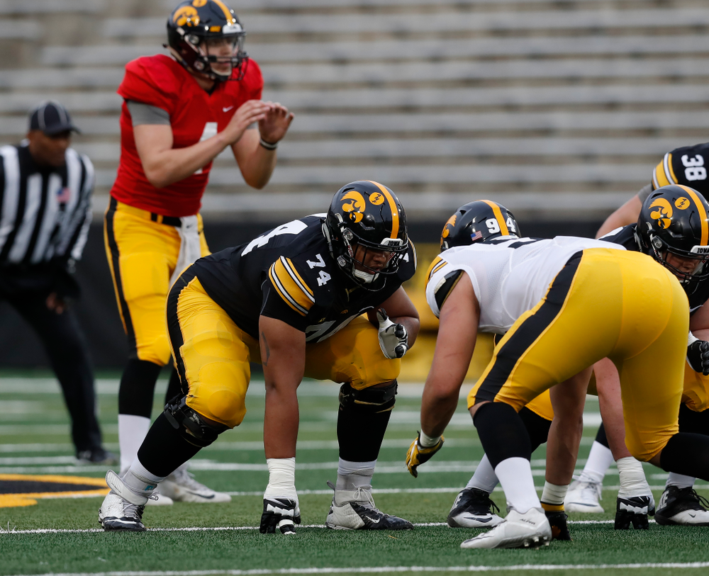 Iowa Hawkeyes offensive lineman Tristan Wirfs (74) during the final spring practice Friday, April 20, 2018 at Kinnick Stadium. (Brian Ray/hawkeyesports.com)