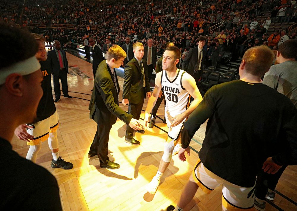 Iowa Hawkeyes guard Connor McCaffery (30) is introduced before the game at Carver-Hawkeye Arena in Iowa City on Sunday, December 29, 2019. (Stephen Mally/hawkeyesports.com)
