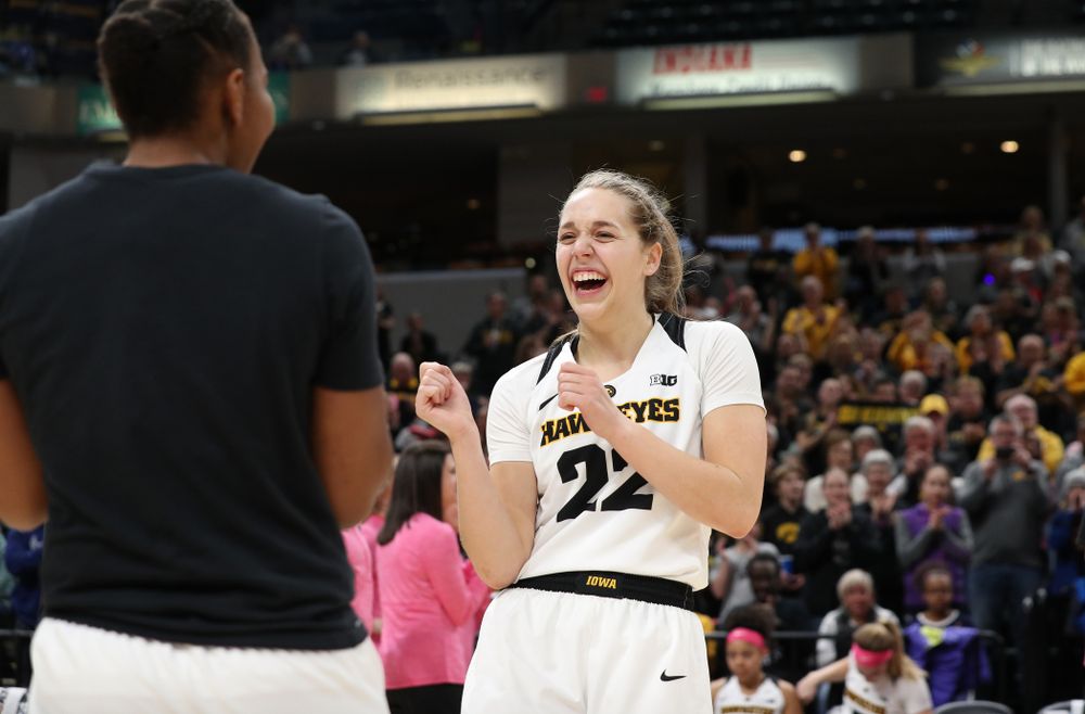 Iowa Hawkeyes guard Kathleen Doyle (22) against the Rutgers Scarlet Knights in the semi-finals of the Big Ten Tournament Saturday, March 9, 2019 at Bankers Life Fieldhouse in Indianapolis, Ind. (Brian Ray/hawkeyesports.com)