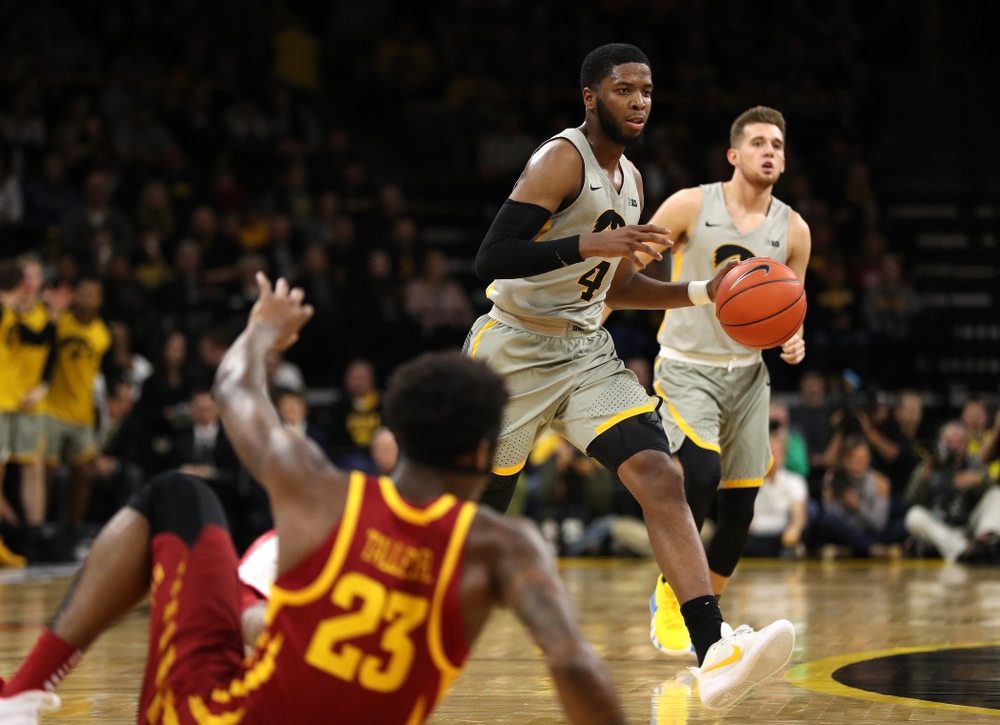 Iowa Hawkeyes guard Isaiah Moss (4) against the Iowa State Cyclones in the Iowa Corn Cy-Hawk Series Thursday, December 6, 2018 at Carver-Hawkeye Arena. (Brian Ray/hawkeyesports.com)