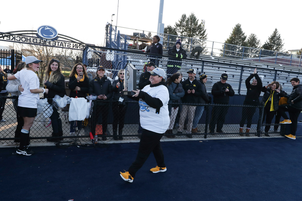 The Iowa Hawkeyes celebrate their victory over Penn State in the 2019 Big Ten Field Hockey Tournament Championship Game Sunday, November 10, 2019 in State College. (Brian Ray/hawkeyesports.com)