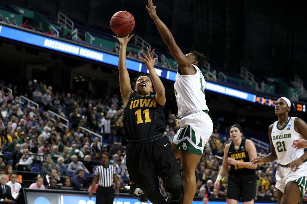 Iowa Hawkeyes guard Tania Davis (11) against the Baylor Lady Bears in the regional final of the 2019 NCAA Women's College Basketball Tournament Monday, April 1, 2019 at Greensboro Coliseum in Greensboro, NC.(Brian Ray/hawkeyesports.com)