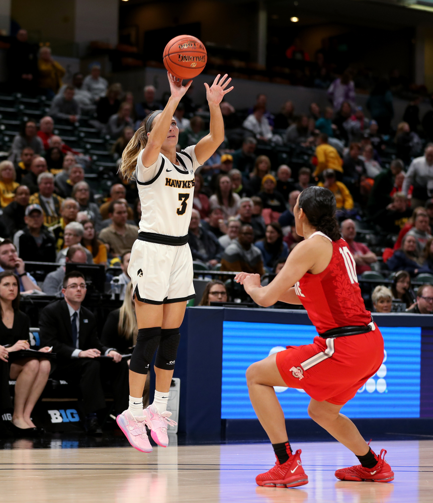 Iowa Hawkeyes guard Makenzie Meyer (3) against Ohio State in the quarterfinals of the Big Ten Basketball Tournament Friday, March 6, 2020 at Bankers Life Fieldhouse in Indianapolis. (Brian Ray/hawkeyesports.com)