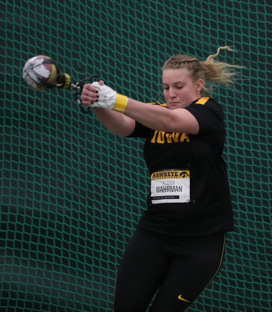 Iowa's Allison Wahrman competes in the weight throw Friday, January 11, 2019 at the Hawkeye Tennis and Recreation Center. (Brian Ray/hawkeyesports.com)