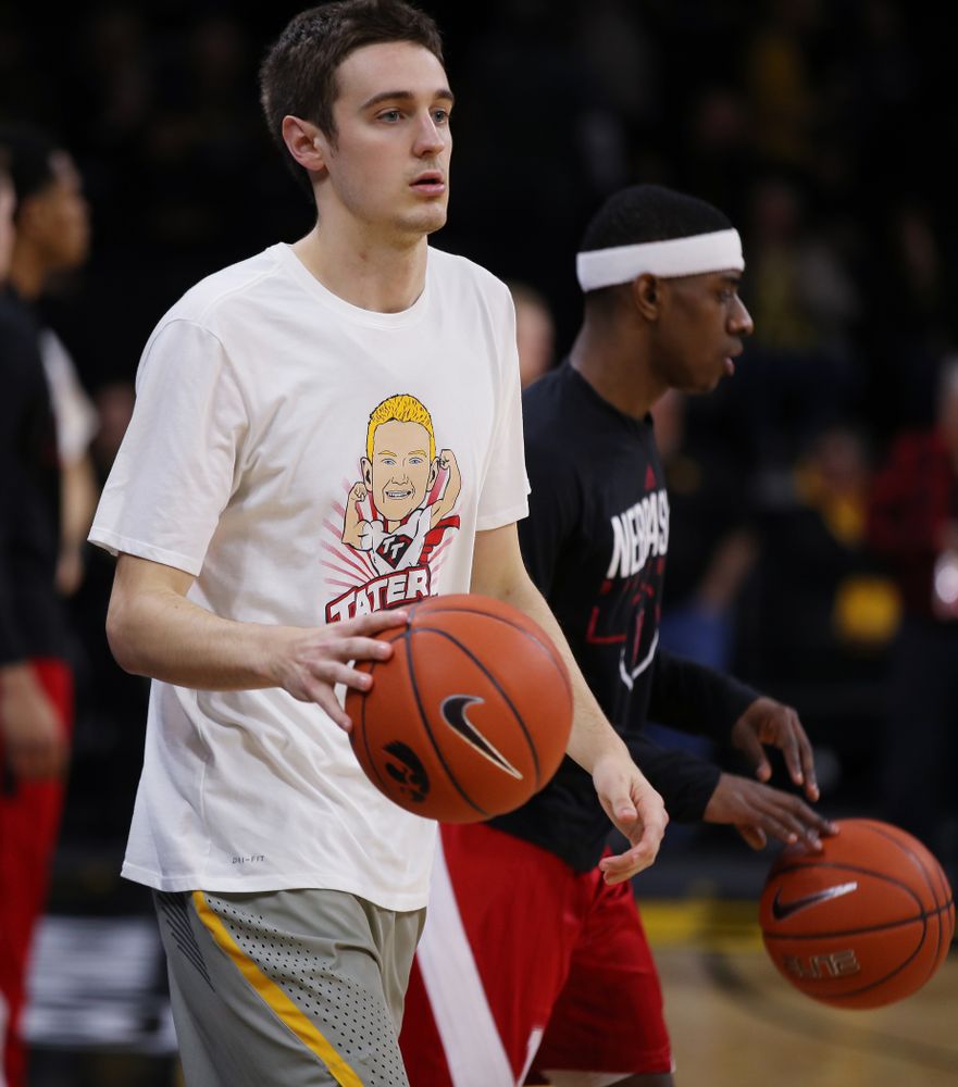 Iowa Hawkeyes forward Nicholas Baer (51) wears a Tater Tough t-shirt before their game against the Nebraska Cornhuskers Sunday, January 6, 2019 at Carver-Hawkeye Arena. (Brian Ray/hawkeyesports.com)