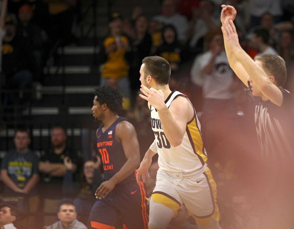 Iowa Hawkeyes guard Connor McCaffery (30) celebrates after making a 3-pointer during the second half of the game at Carver-Hawkeye Arena in Iowa City on Sunday, February 2, 2020. (Stephen Mally/hawkeyesports.com)