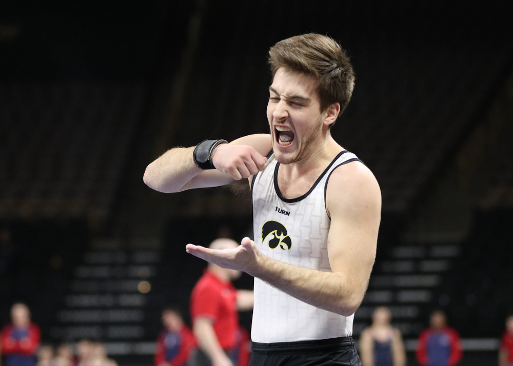 Iowa's Kevin Johnson competes on the pommel horse against UIC and Minnesota Saturday, February 2, 2019 at Carver-Hawkeye Arena. (Brian Ray/hawkeyesports.com)