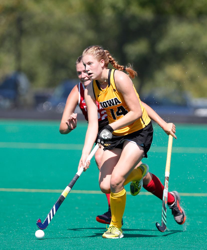 Iowa Hawkeyes Lokke Stribos (14) against Indiana Sunday, September 16, 2018 at Grant Field. (Brian Ray/hawkeyesports.com)