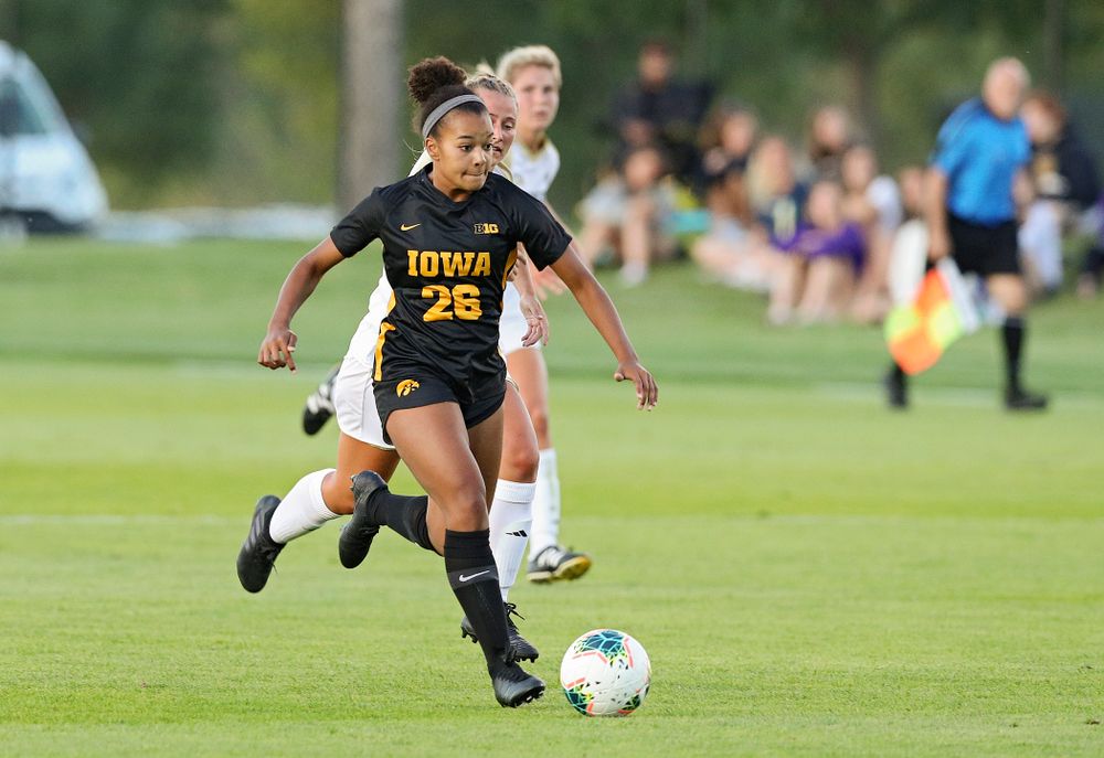Iowa midfielder/forward Melina Hegelheimer (26) looks to pass during the first half of their match against Western Michigan at the Iowa Soccer Complex in Iowa City on Thursday, Aug 22, 2019. (Stephen Mally/hawkeyesports.com)