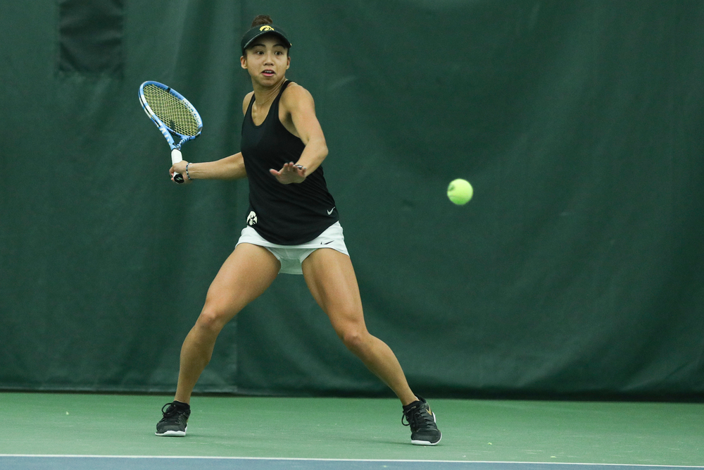 Iowa’s Michelle Bacalla returns a hit during the Iowa women’s tennis meet vs DePaul on Friday, February 21, 2020 at the Hawkeye Tennis and Recreation Complex. (Lily Smith/hawkeyesports.com)