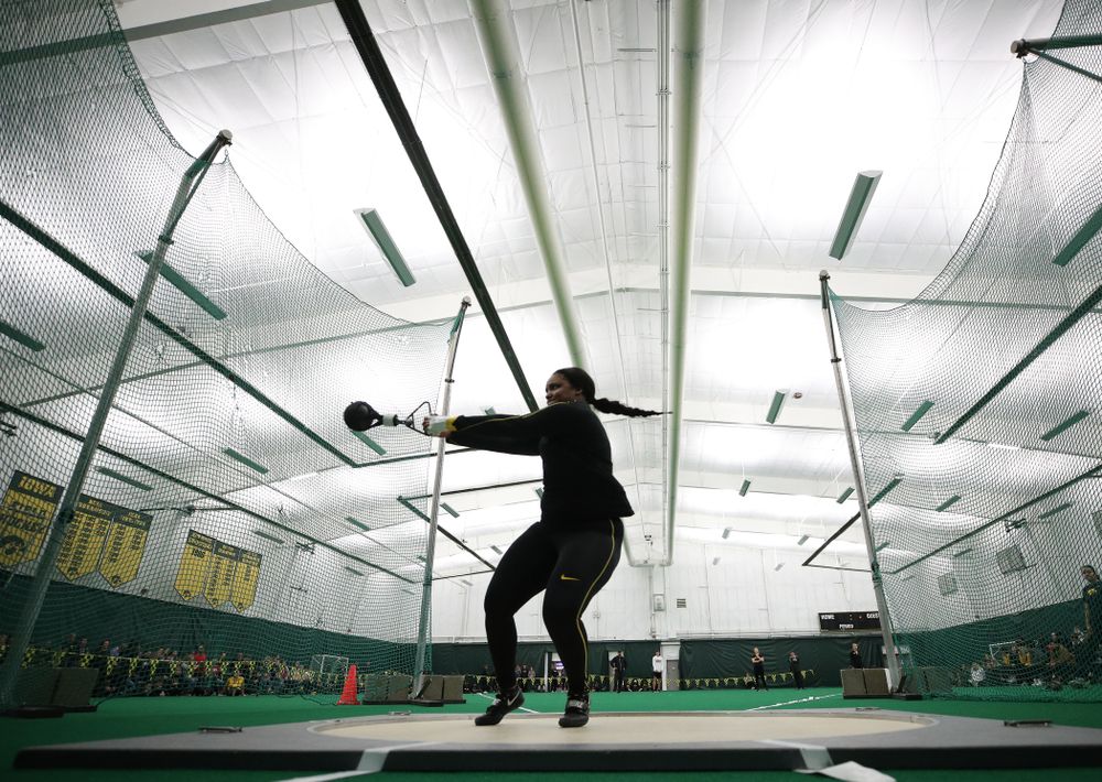 Iowa's Nia Britt competes in the weight throw Friday, January 11, 2019 at the Hawkeye Tennis and Recreation Center. (Brian Ray/hawkeyesports.com)