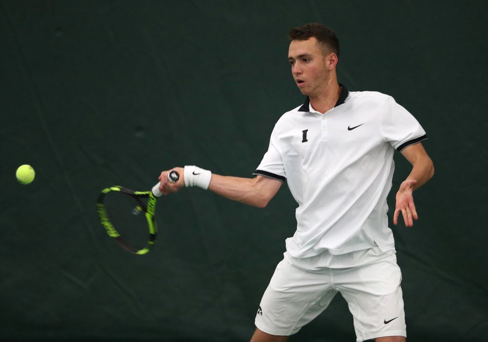 Iowa's Kareem Allaf against North Dakota Friday, January 25, 2019 at the Hawkeye Tennis and Recreation Complex. (Brian Ray/hawkeyesports.com)
