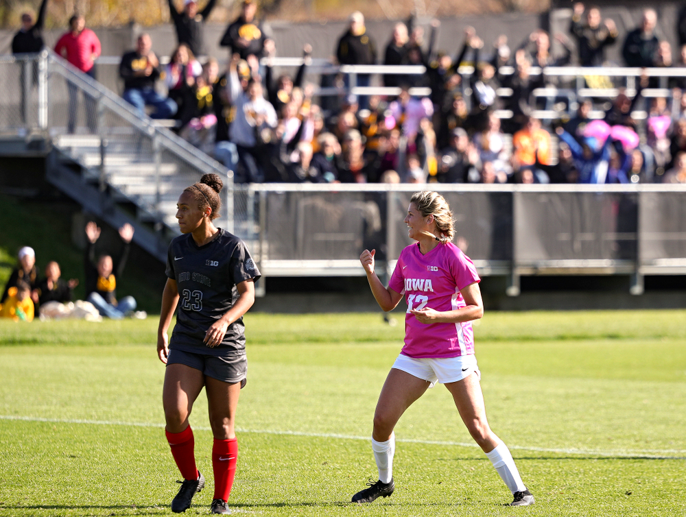 Iowa forward Gianna Gourley (32) pumps her fist after scoring a goal during the second half of their match at the Iowa Soccer Complex in Iowa City on Sunday, Oct 27, 2019. (Stephen Mally/hawkeyesports.com)